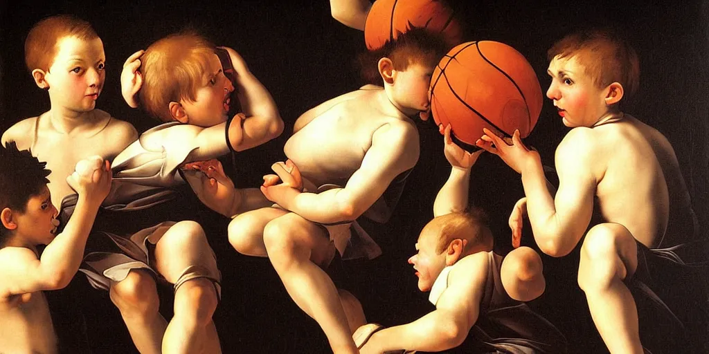 Image similar to beautifully detailed baroque oil painting of kids in the 90s playing basketball by caravaggio