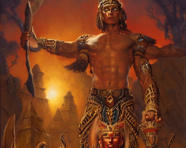 Prompt: muscular male aztec deity, casting aztec magic, summoning handsome panther night star. ritual pyramidic magic. highly detailed painting by gaston bussiere, craig mullins, j. c. leyendecker 8 k