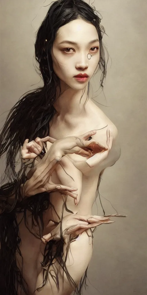 Image similar to Kiko Mizuhara, physically accurate, dramatic dynamic lighting, intricate, elegant, highly detailed, digital painting, artstation, very hyperrealistic, HR GIGER, Hieronymus Bosch, Francis Bacon, concept art, smooth, sharp focus, illustration, art by artgerm and greg rutkowski and alphonse mucha