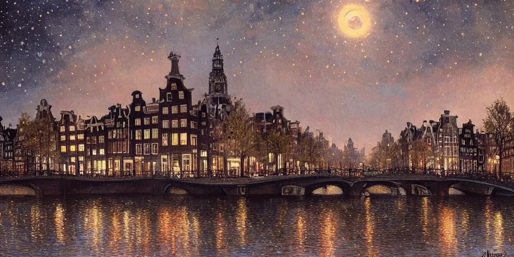 Prompt: a view from the amstel river in amsterdam at night with the sky full of stars, intricate, elegant, highly detailed, digital painting, artstation, concept art, smooth, sharp focus, colored illustration for tattoo, art by krenz cushart and artem demura and alphonse mucha