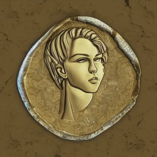 Prompt: ancient coin texture with giorno giovanna's portrait