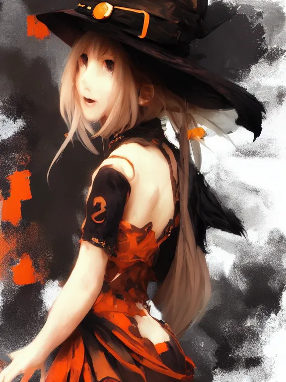 Image similar to Full shot of a cute mischievous young witch about to get up to some trouble. Black and Orange palette. By Ruan Jia and Artgerm and Range Murata and WLOP and CLAMP. Key Art. Fantasy Illustration. award winning, Artstation, intricate details, realistic, Hyperdetailed, 8k resolution.