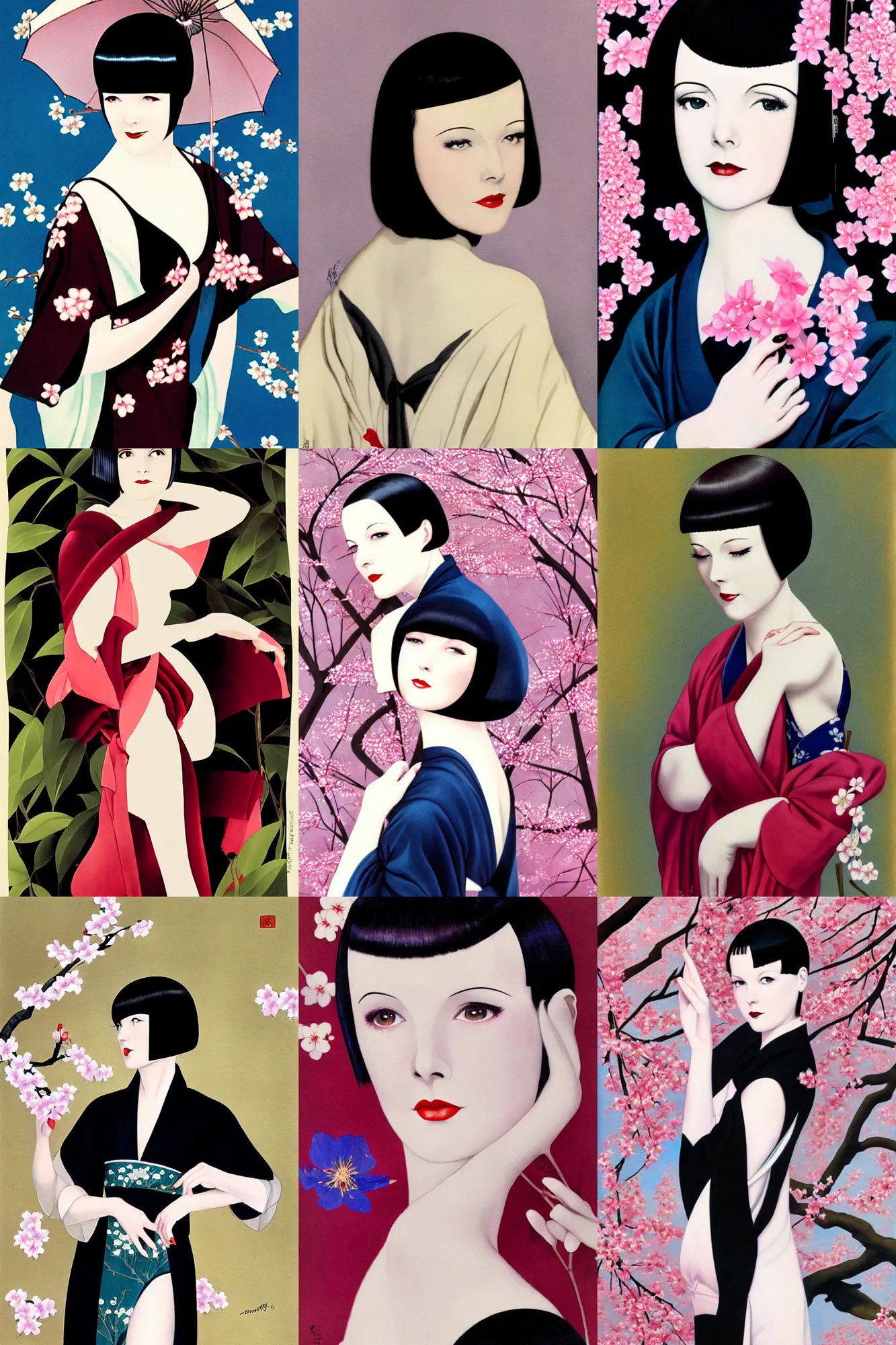 Prompt: 2 8 year old mary louise brooks, wearing kimono, by artgerm, cherry blossom falling, nagel