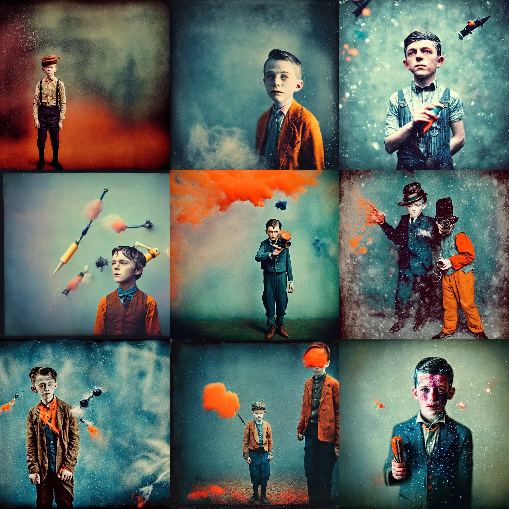 Prompt: kodak portra 4 0 0, wetplate, muted colours, blueberry and orange and teal, handsome 8 year old 1 9 2 0 s boy, the walking dead, 1 9 1 0 s style, motion blur, portrait photo of a backdrop, explosions, rockets, bombs, sparkling, snow, fog, by georges melies and by britt marling