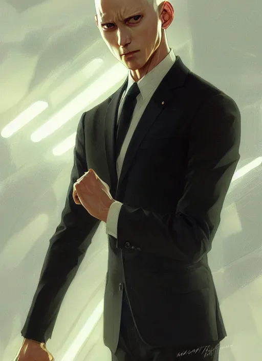 Prompt: ultra realistic illustration, handsome saitama. elegant, black suit, highly detailed, digital painting, artstation, concept art, smooth, sharp focus, illustration, art by artgerm and greg rutkowski and alphonse mucha and wlop