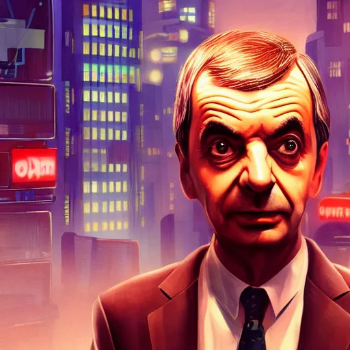 Image similar to mr bean, head and shoulder shot, cyberpunk city, city background, 4k, beautiful face, trending on artstation, digital art