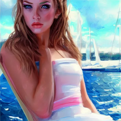 Image similar to beautiful russian models on a yacht wearing a white dress, detailed face with pink lips, blue eyes and large forehead, moody lighting, peaceful atmosphere, digital art, highly detailed, high contrast, beautiful lighting, award winning, trending on art station, 8 k,