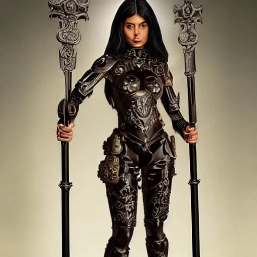 Image similar to a beautiful warrior woman with tan skin and dark hair wearing black catsuit covered by modern plates of body armour, she is holding a long staff, intricate, elegant, highly detailed, detailed face, smooth, sharp focus, high contrast, graphic novel, art by michael choi,