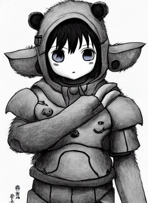 Image similar to beautiful little boy wearing an cyborg bear suit, artwork in kentaro miura and made in abyss and rosdraws, smooth, beautiful lightness, anatomically correct, trending on pixiv, forest