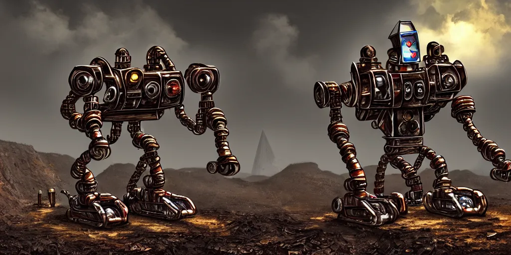 Image similar to a chrome mutant drillbot visiting the asphalt mines, retro - futuristic, science - fantasy, hills, abandoned, ancient tribe, deep shafts, rusted, fungal, salt, lgbt, queer, rpg, epic, dungeons & dragons, sacred, sharp focus, award - winning, extremely detailed, 4 k, 8 k