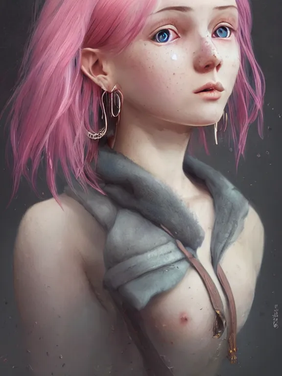 Prompt: beautiful russian girl with cute freckles and short faintly colored in pink hair and septum piercing, thin round earrings, winds of winter, au naturel, hyper detailed, digital art, trending in artstation, cinematic lighting, studio quality, smooth render, octane rendered, concept art, sharp focus, illustration, art by artgerm and greg rutkowski and wlop