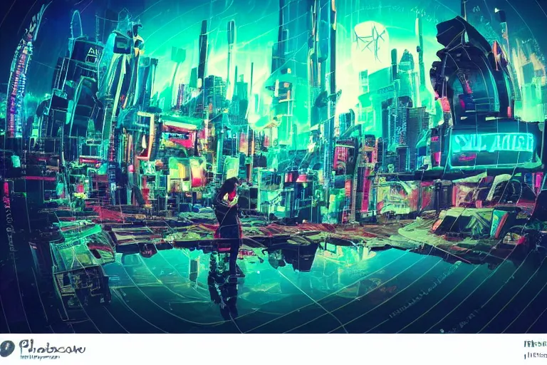 Image similar to a dreamlike cyberpunk city sit in the very far future, neon signs, shops and bars, floating buildings, glowing neons, synthwave, slightly abstract, rich deep colors, 4 k, realistic photography, flying cars in the distance, robot humanoids, anthropomorphic vehicles, fantasy setting, brilliant dreamy lighting, 8 0 s vibe, morning, blue sun