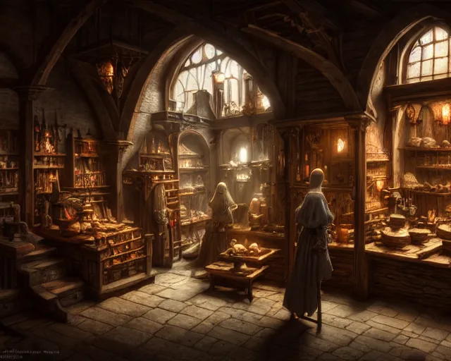 Image similar to a medieval shop, beautiful, detailed, realistic detailed clients, dark, concept art illustration, color page, tone mapping, akihiko yoshida, james jean, andrei riabovitchev, marc simonetti, digital illustration, greg rutowski, volumetric lighting, sunbeams, particles