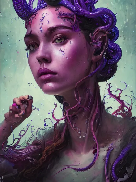 Image similar to art portrait of a girl with purple tentacles on her head,8k,by tristan eaton, Stanley Artgermm,Tom Bagshaw,Greg Rutkowski,Carne Griffiths,trending on DeviantArt,face enhance,hyper detailed,minimalist,cybernetic, ,full of colour