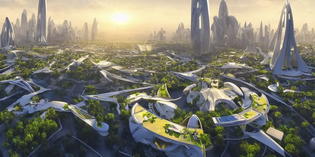 Image similar to Futuristic utopian city, central hub, octahedron shaped white buildings, golden sunset, research complex, green trees, ((large flying drones)), utopia, high quality, beautiful design, scifi, high detail, global illumination, trending on ArtStation, art by Richard Dumont, Leon Tukker