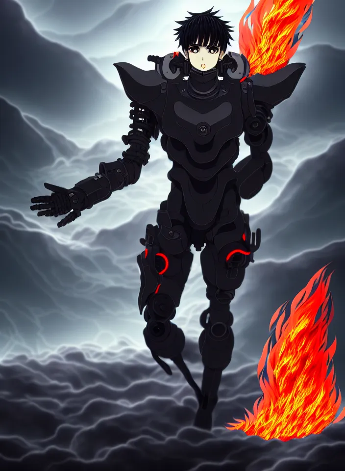 Image similar to a detailed manga illustration character full body portrait of a dark haired cyborg anime man surrounded by clouds of dark smoke and fire, trending on artstation, digital art, 4 k resolution, detailed, high quality, sharp focus, hq artwork, insane detail, concept art, character concept, character illustration, full body illustration, perfect anatomy, cinematic, volumetric lighting