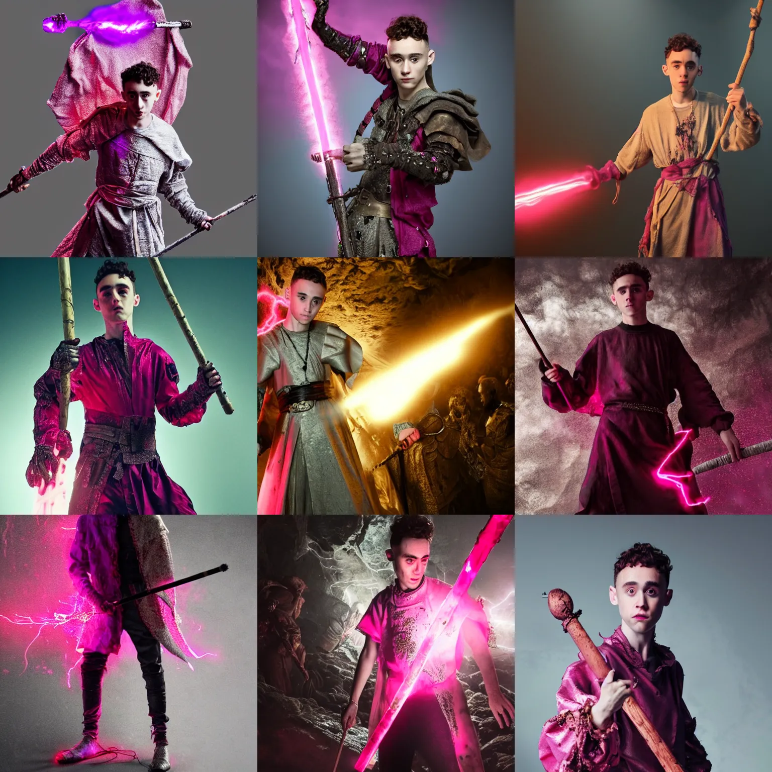 Prompt: Olly Alexander wearing a tattered medieval tunic, holding a heavy metal staff with magenta electricity emitting from it. In a dark cave. Trending on Artstation, octane render, ultra detailed, art by Ross tran