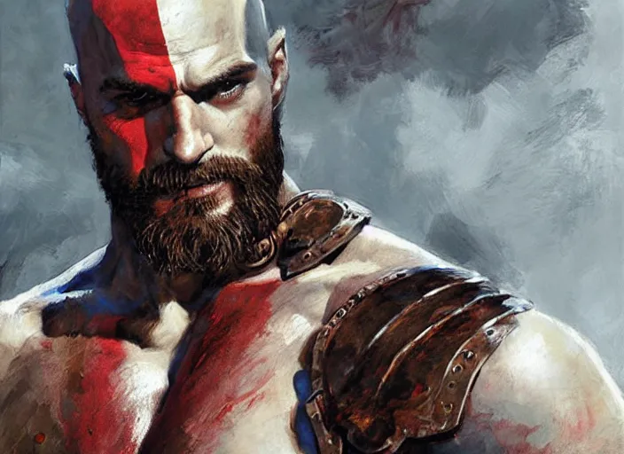 Prompt: a highly detailed beautiful portrait of henry cavill as kratos, by gregory manchess, james gurney, james jean