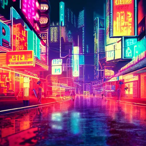 Prompt: cyberpunk city scene at night with colorful neon lit rainy streets and signs with a flamingo, film still