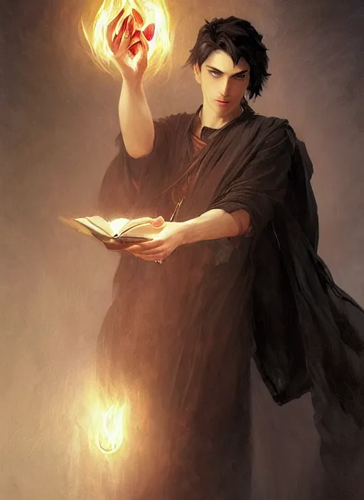 Image similar to character concept portrait of an attractive young focused Spanish wizard with pale skin enchanting a flaming love spell, a floating iridescent spell book in the center, intricate, elegant, digital painting, concept art, smooth, sharp focus, illustration, from Metal Gear, by Ruan Jia and Mandy Jurgens and William-Adolphe Bouguereau, Artgerm