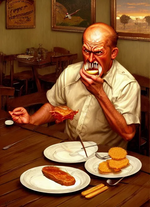 Prompt: an angry cracker barrel customer seated at a table being forced to eat fake meat, stunning painting, elegant intricate digital painting artstation concept art by mark brooks and brad kunkle and norman rockwell, extreme detailed