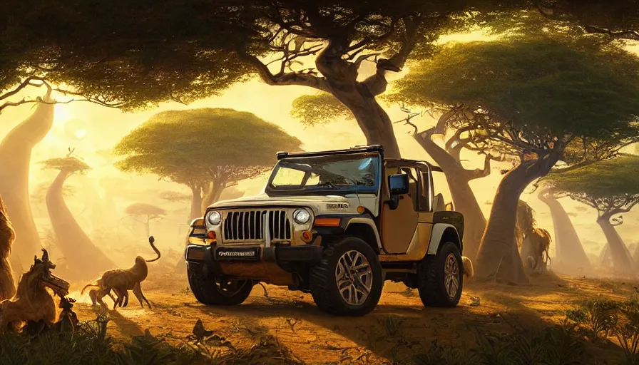 Image similar to mahindra thar driving through madagascar road with baobabs trees, animals running along, artgerm and greg rutkowski and alphonse mucha, an epic fantasy, volumetric light, detailed, establishing shot, an epic fantasy, trending on art station, octane render, midsommar