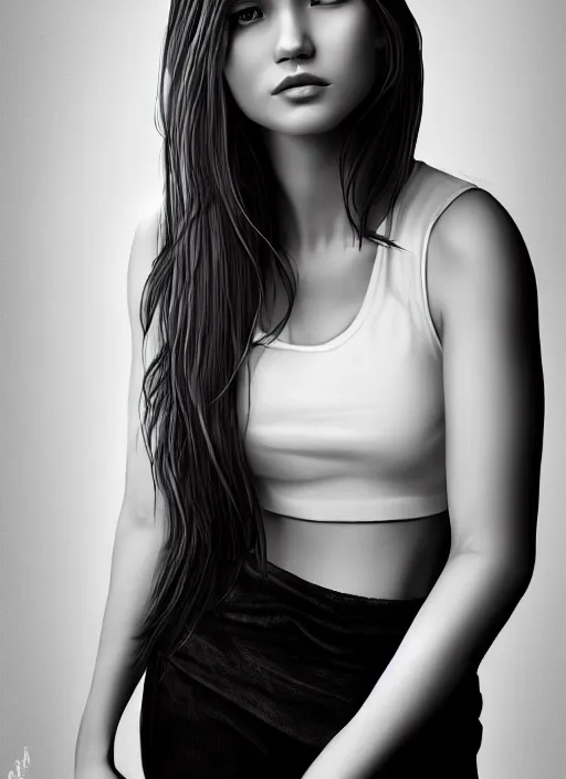 Image similar to full body portrait of a beautiful young woman in black and white, photorealistic, hair down to waist, sharp focus, in the style of Kevin Kostic, Stephen Lau and artgerm, hyper sharp focus, 8k highly detailed