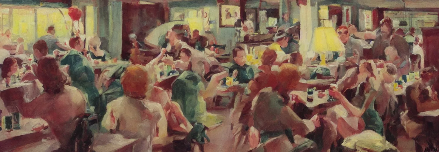 Prompt: baby frogs, drinking milkshakes, diner, 5 0 s painting, award winning art, andrew loomis