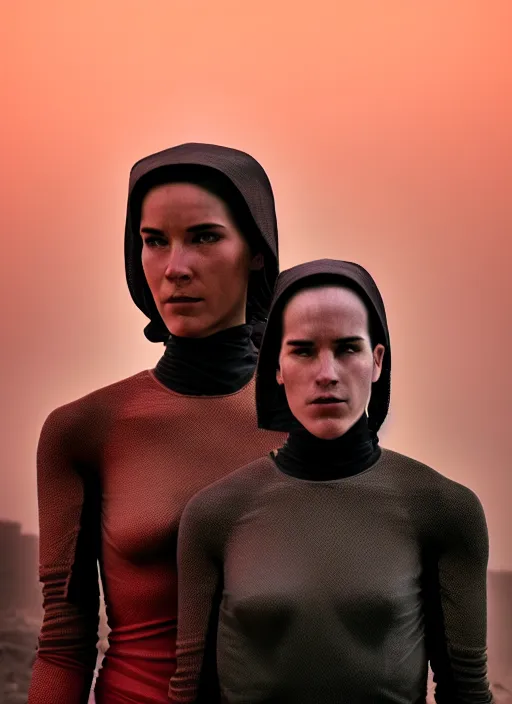 Prompt: cinestill 5 0 d photographic portrait by steve mccurry of two loving female androids wearing rugged black mesh techwear in a brutalist compound with a red sky, extreme closeup, cyberpunk style, dust storm, 8 k, hd, high resolution, 3 5 mm, f / 3 2, ultra realistic faces, ex machina