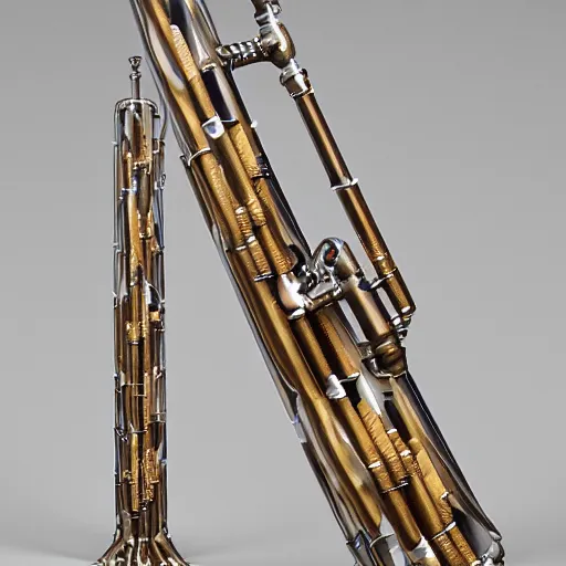 Prompt: wind instrument made from a vertical arrangement of glazed ceramic pipes in the shape of vocal tracts emerging from earth ejecting a pattern of cymatic jet streams of vapour , highly detailed , 8k , octane , frontal view