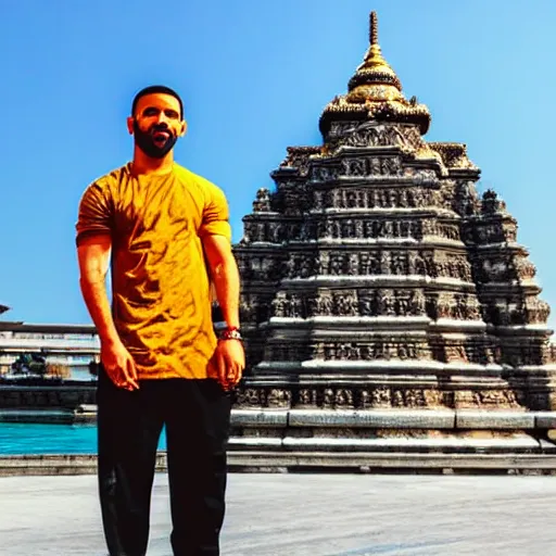 Prompt: drake posing for photo, hindu temple in background