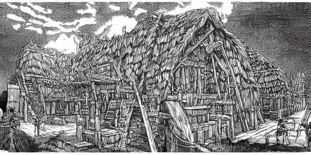 Prompt: Viking palace, beautiful engraving illustration, pure b&w, very detailed