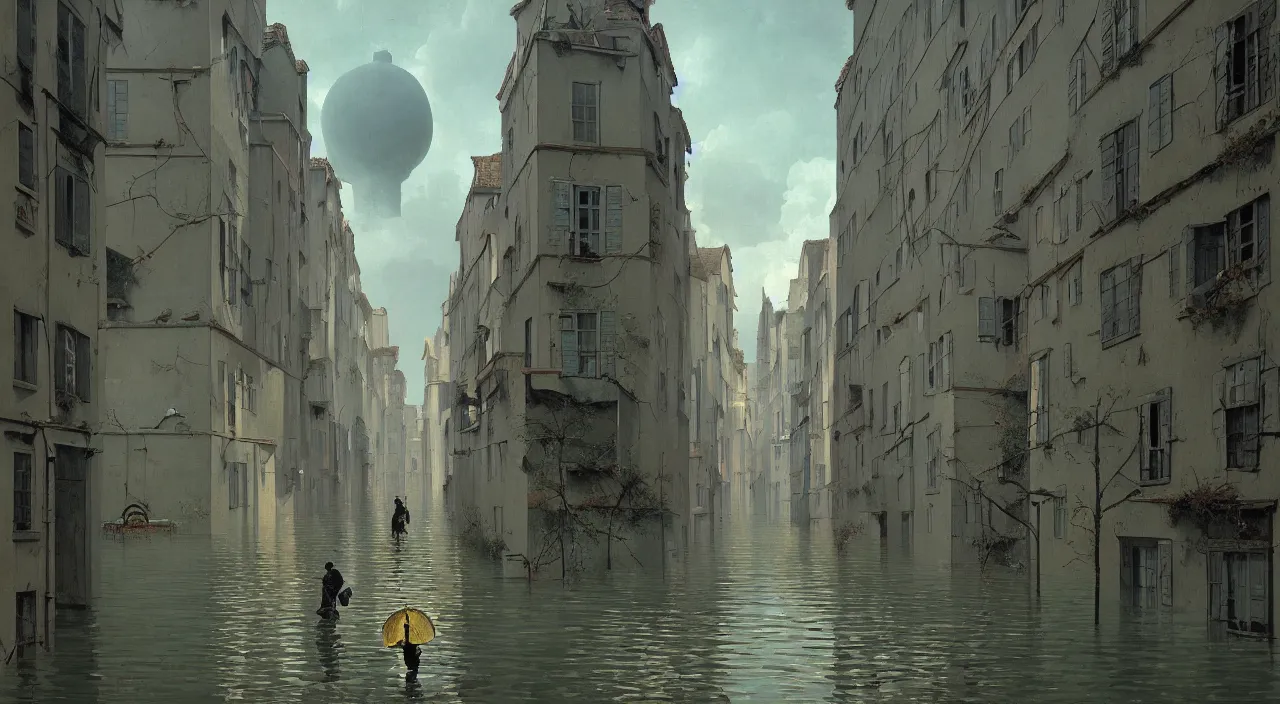 Prompt: a high contrast! painting of a minimalist flooded ancient street by rene magritte simon stalenhag carl spitzweg jim burns, full-length view, vibrant colors, extremely high contrast!, symmetry, great composition, high detail, cinematic lighting, award winning masterpiece, trending on artstation