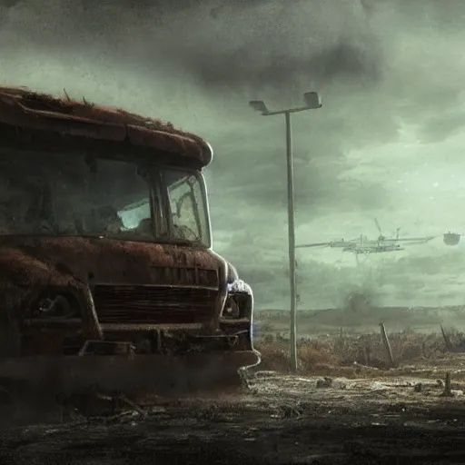 Image similar to mystery machine abandoned, dirty, apocalypse, cinematic, detailed, epic, widescreen, opening, establishing, mattepainting, photorealistic, 4 k, octane render, art by greg rutkowski