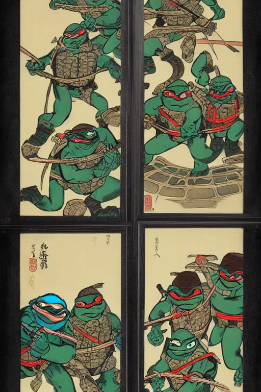 Image similar to Four Teenage Mutant Ninja Turtles, Japanese ukiyo-e ukiyo-ye woodblock print, by Moronobu