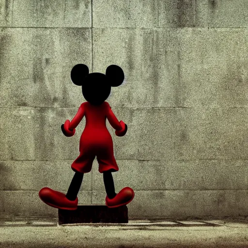 Prompt: Statue of a humanoid Mickey Mouse, photorealistic, film still, desolate