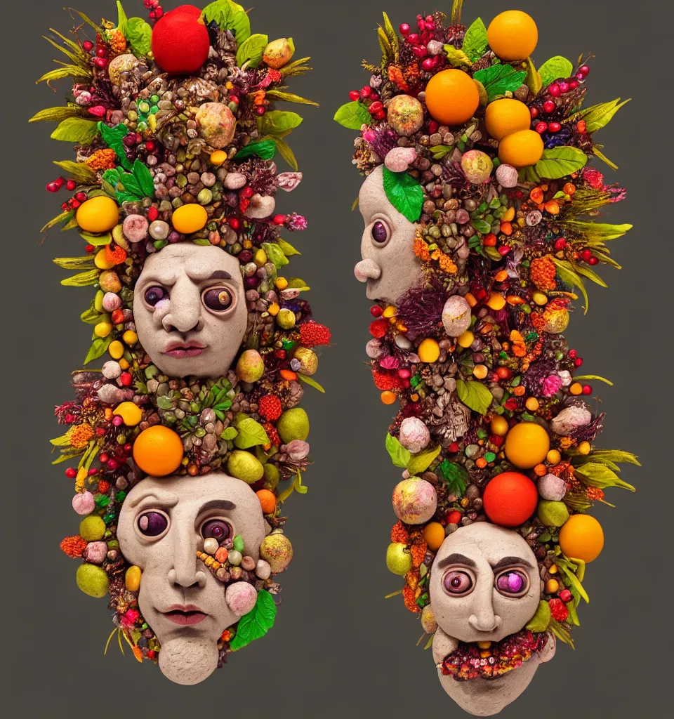 Prompt: headshot of a trickster nature spirit, head made of fruit gems and flowers in the style of arcimboldo, fragonard, photorealistic, dynamic lighting, action figure, clay sculpture, claymation, dull reddish orance cloudy background