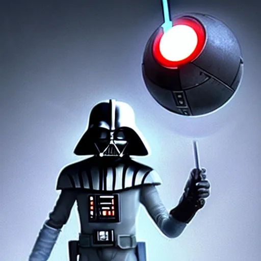 Image similar to a photo of darth vader holding an aperture science portal gun