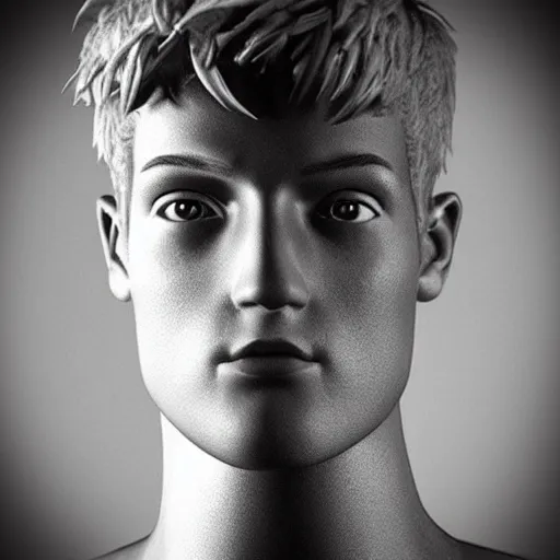 Prompt: “a realistic detailed photo of a guy who is an attractive humanoid who is half robot and half humanoid, who is a male android, twitch streamer Ninja Tyler Blevins, shiny skin, posing like a statue, blank stare, living room, display”