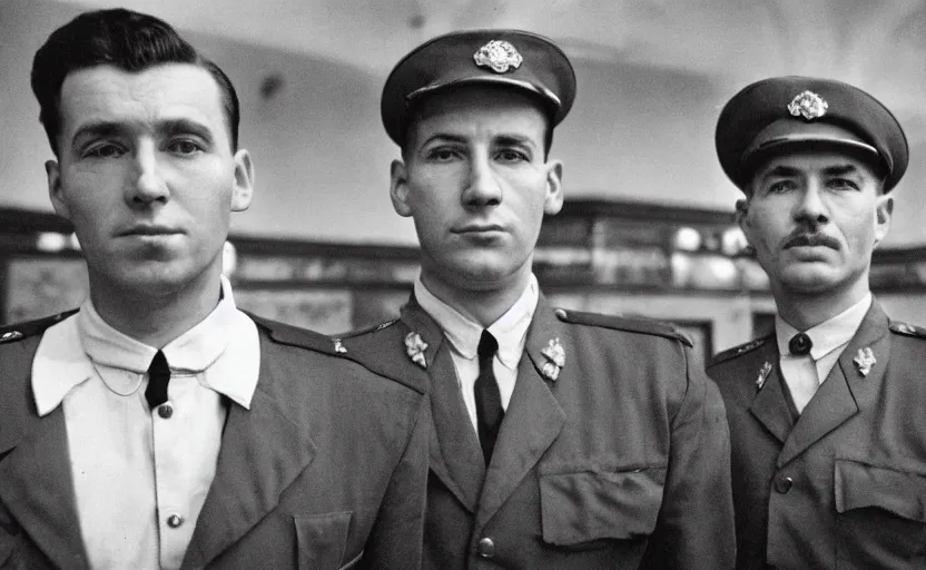 Prompt: 50s movie still close-up portrait of three soviet officers with very detailed faces in a stalinist style hall, by Angust Sander, Cinestill 800t 35mm black and white, heavy grainy picture, very detailed, high quality, 4k, HD criterion, precise texture, diverse faces, diverse haircuts, diverse ages, each faces precisely define