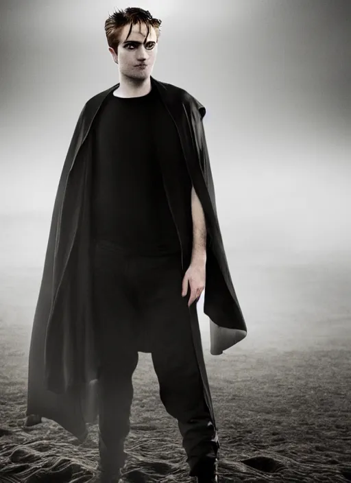 Prompt: well - shaven robert pattinson, black outfit, cape, in the style of robert pattinson, sandman, misty endless dream cinematic background, netflix sandman