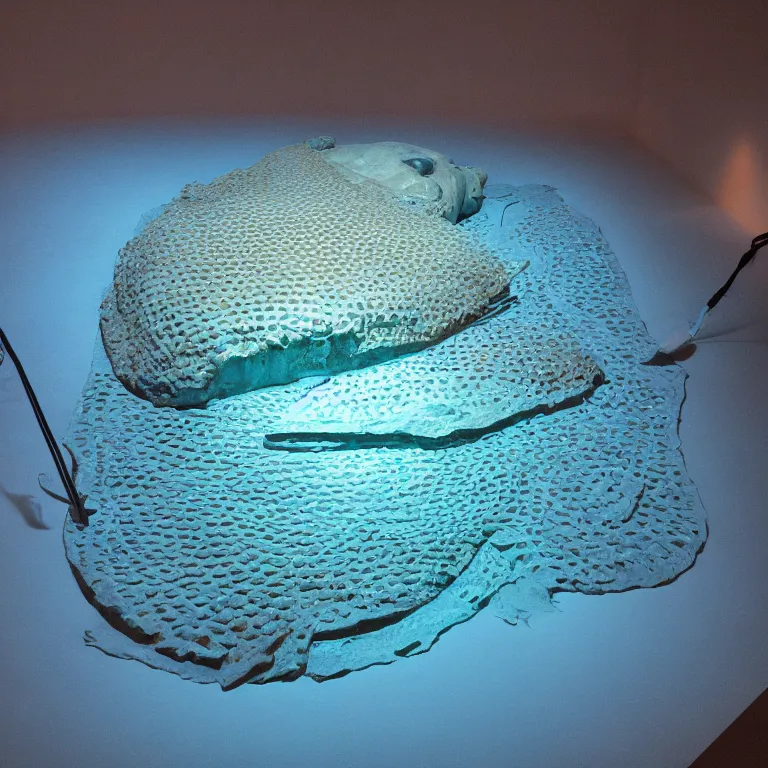 Prompt: hyperrealistic sculpture of a bronze fossilized flounder halibut emerging from a gridded blue silicone and latex pedestal by ron mueck and duane hanson and lee bontecou, hyperrealistic dramatic colored lighting trending on artstation 8 k