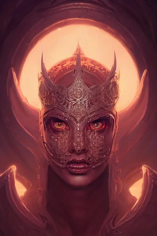 Image similar to highly detailed portrait of an elegant demon, ornate crown, beautiful symmetrical face, glowing skin, digital painting, artstation, concept art, smooth, clear focus, illustration, greg rutkowski, artgerm, global lighting, detailed and fantasy