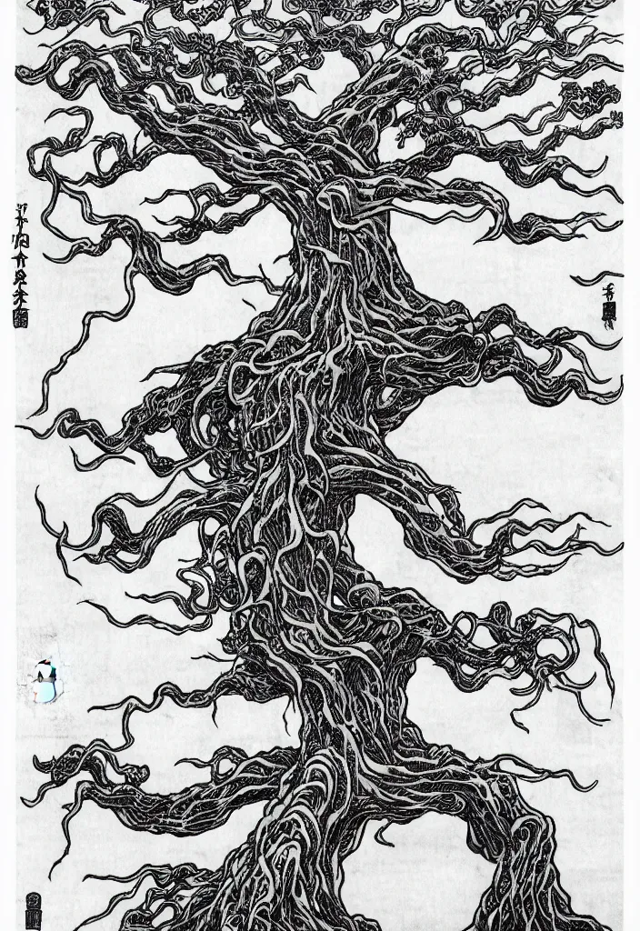 Image similar to prompt: magical white skeleton Bonsai tree squid creature roots merging into big moon drawn by TakatoYamamoto, Japanese woodblock print style, inspired by 1980's sci-ci, clean ink detailed line drawing, intricate detail, manga 1980