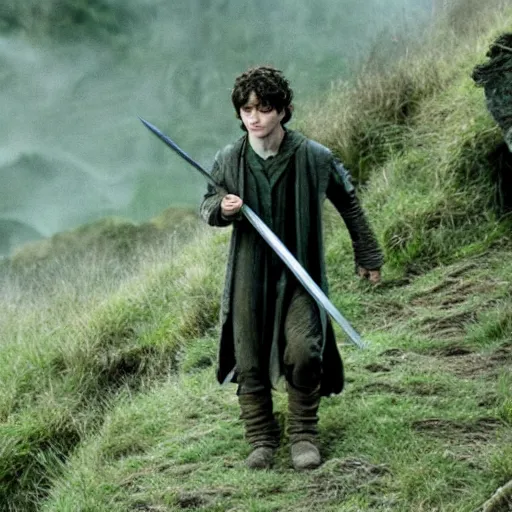 Prompt: Film still of a young Daniel Radcliffe as Frodo in Lord of the Rings: The Return of the King, 4k, wide shot, cinematic