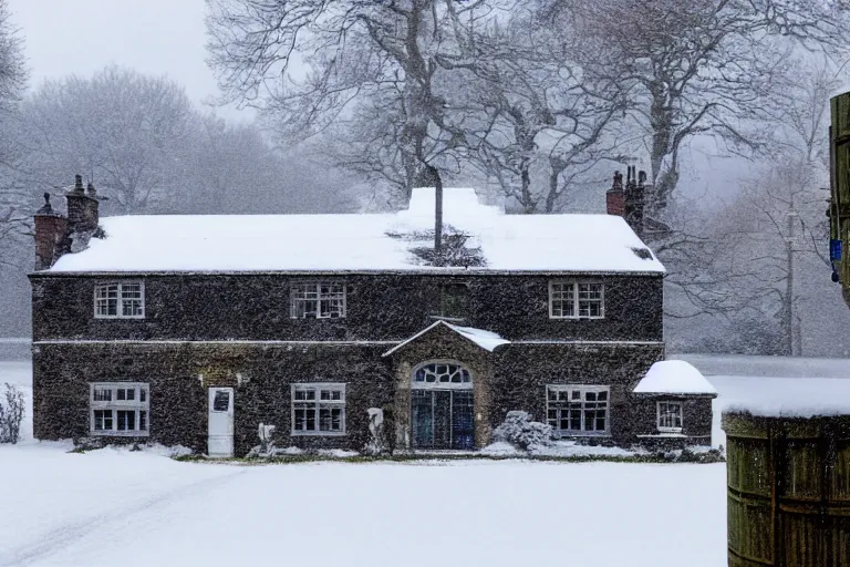 Image similar to cyberpunk, winter in the snow, an estate agent listing photo, external view of a 5 bedroom detached cyberpunk countryside house in the UK, by Paul Lehr