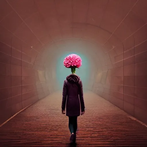 Prompt: giant carnation flower orchid head, woman walking in a metro station, surreal photography, clouds, dark ambient, dramatic light, volumetric lighting, impressionist painting, digital painting, artstation, simon stalenhag