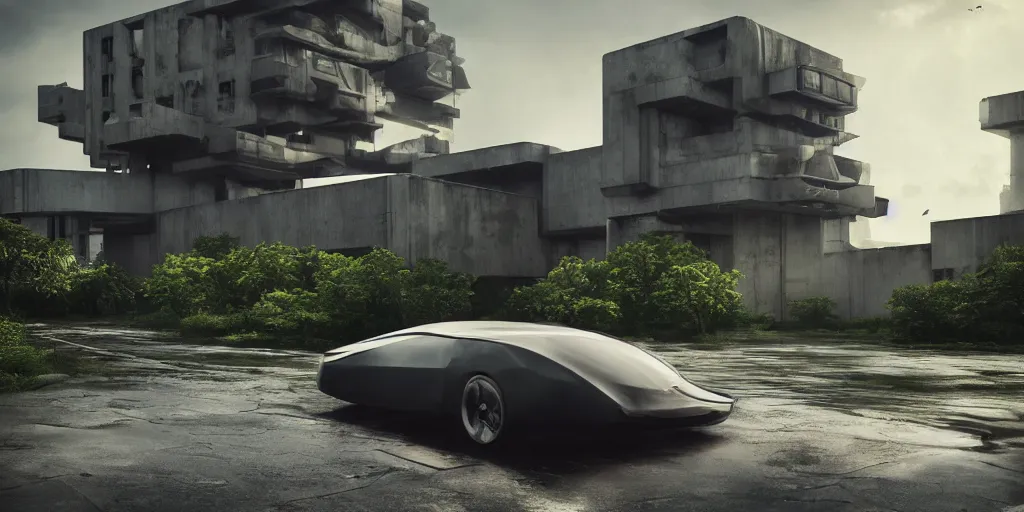 Image similar to highly detailed futuristic car, on the background brutalist architecture by Le Corbusier, abandoned buildings, empty streetscapes, surrounded by lush green vegetation, ground-level view, puddles of water, stunning volumetric lighting, sunset, trending on Artstation, 8k, photorealistic, hyper detailed, unreal engine 5, cinematic, epic lighting, cryengine, octane render, nvidia ray tracing, cyberpunk, red and orange glow, dark, gloomy