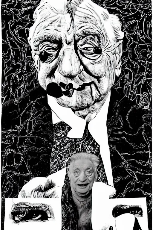 Image similar to George Soros full body portrait, body horror, black and white Illustration by Junji Ito