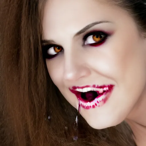 Image similar to professional headshot of an elegant female vampire smiling with droplets of blood splattered across her face. high resolution, realistic, professional lighting, nikon camera, 8 k, imdb. com